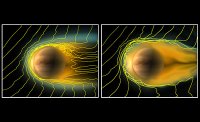 Beschreibung: Beschreibung: Gasfahne im All: Unter normalen Bedingungen umgibt die Ionosphäre die Venus in 150 bis 300 Kilometern Höhe. Die induzierten Magnetfelder – angedeutet durch die gelben Linien – halten sie dort fest (links). Bei sehr schwachem Sonnenwind kann sich die Ionosphäre ausdehnen; an der Nachtseite entsteht dadurch eine Art Plasmaschweif (rechts).