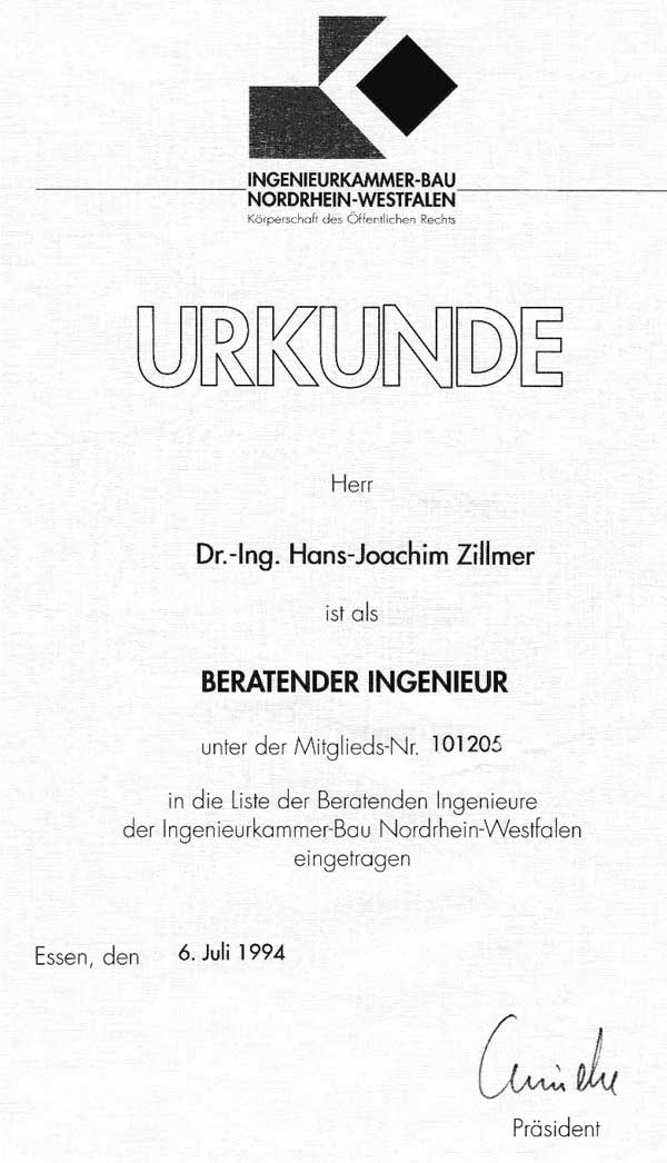 Urkunde der Ingenieurkammer-Bau NRW